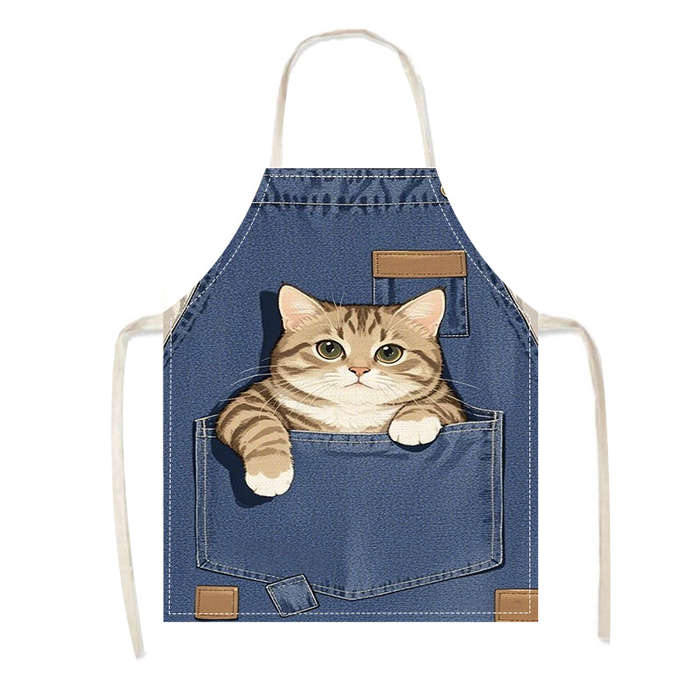 1pc Adult-Sized Linen Apron with Cute Cat in Pocket Design Sleeveless Blue Denim Kitchen Wear Ide