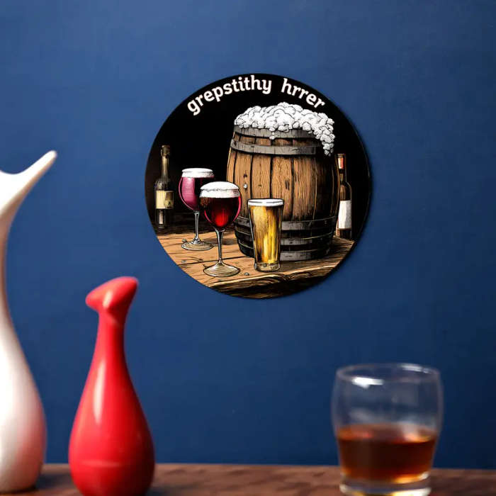 1pc Vintage Barrel Wine Glasses 19.81cm Round Aluminum Sign GREPSTITH HIRRER Beer Wine Illustration