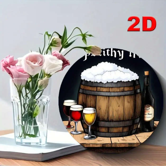1pc Vintage Beer Barrel Scene Round Aluminum Sign 19.81cm Diameter Pre-Drilled Easy to Hang Durable