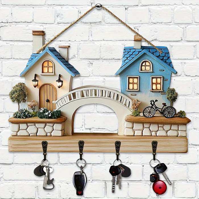 1pc Bridge Cottage- Household Wooden Key Rack( 29.97cm x 22.86cm) Comes with Four Metal Hooks- Mul
