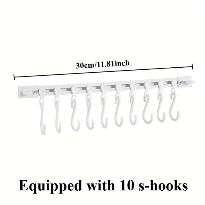 Seamless Adhesive Kitchen Storage Rack With 10 Sliding Hooks