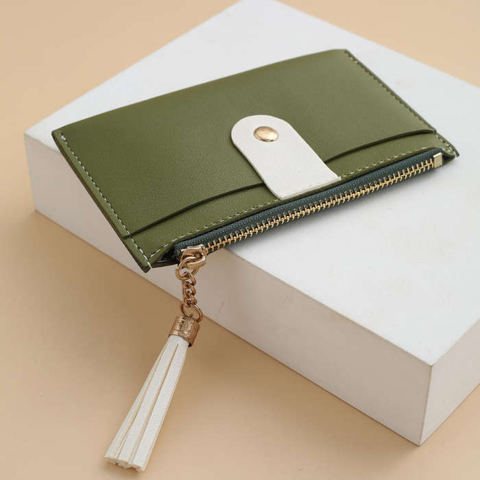 1pc Sleek Black Zipper Card Holder with Multiple Slots Tassel Charm Golden-Tone Accents C Li