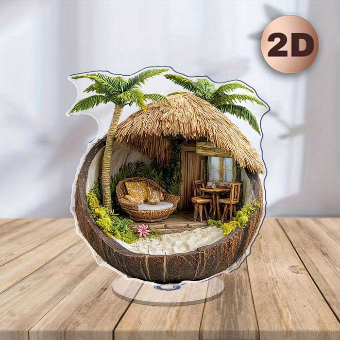 1pc 2D Flat  Tropical Hut in a Coconut Shell Acrylic Desk Decor with Stand  Design Featuring Pa