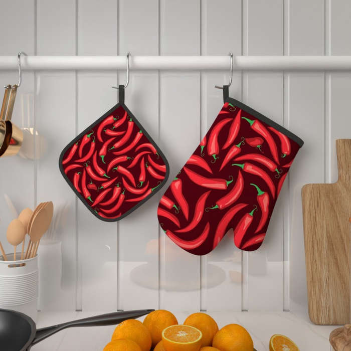 2pcs Red Chili Pepper Oven Mitts Woven Polyester Potholders Heat-Resistant up to 500F Machi