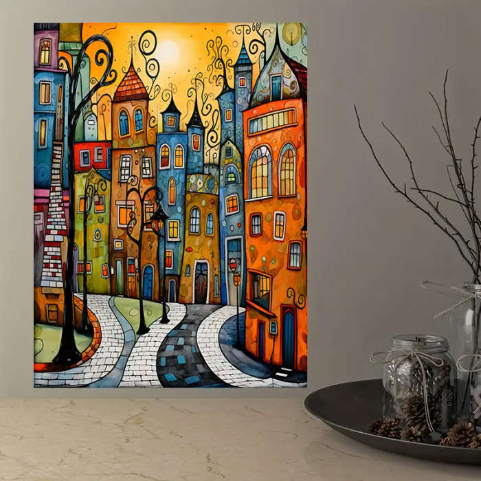 1pc Vibrant Frameless Canvas Art Print Whimsical Street Scene with Colorful Buildings Ideal for Fest