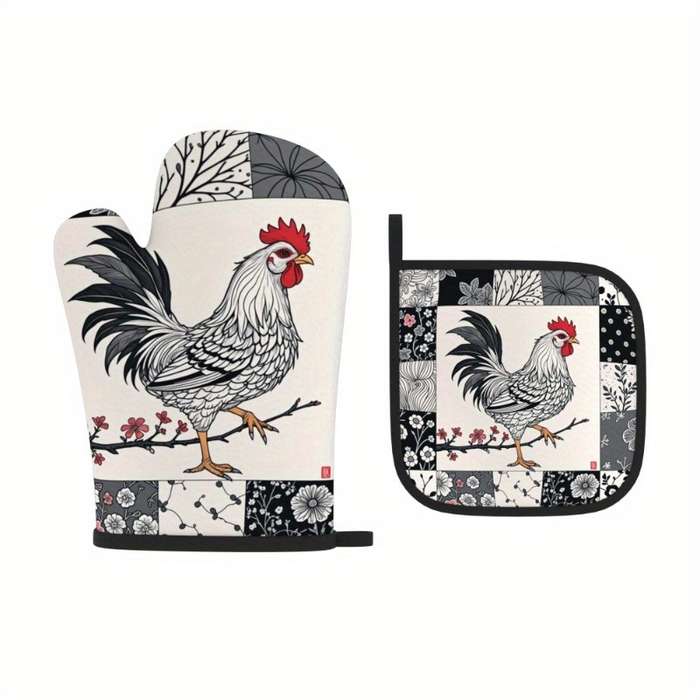 2pcs Rooster Plum Blossom Heat-Resistant Oven Mitts Floral Chinese Design 26.92x17.02 cm