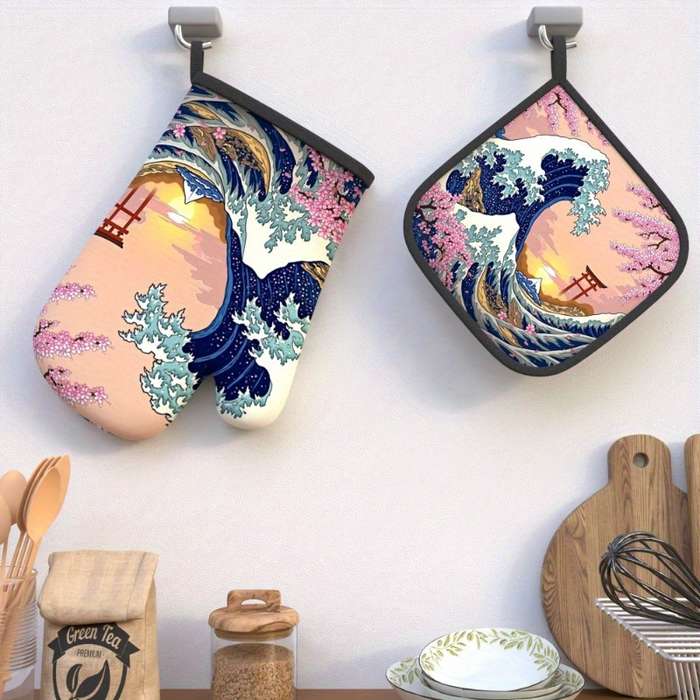2pcs Set Cherry Blossom Oven Mitts Pot Holders 26.92x17.02cm Heat Resistant Non-Slip Kitch