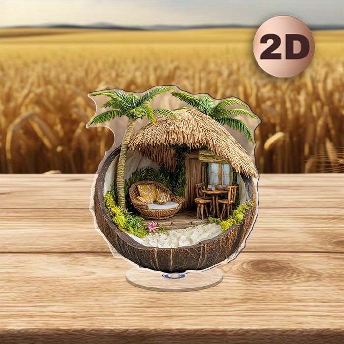 1pc 2D Flat  Tropical Hut in a Coconut Shell Acrylic Desk Decor with Stand  Design Featuring Pa