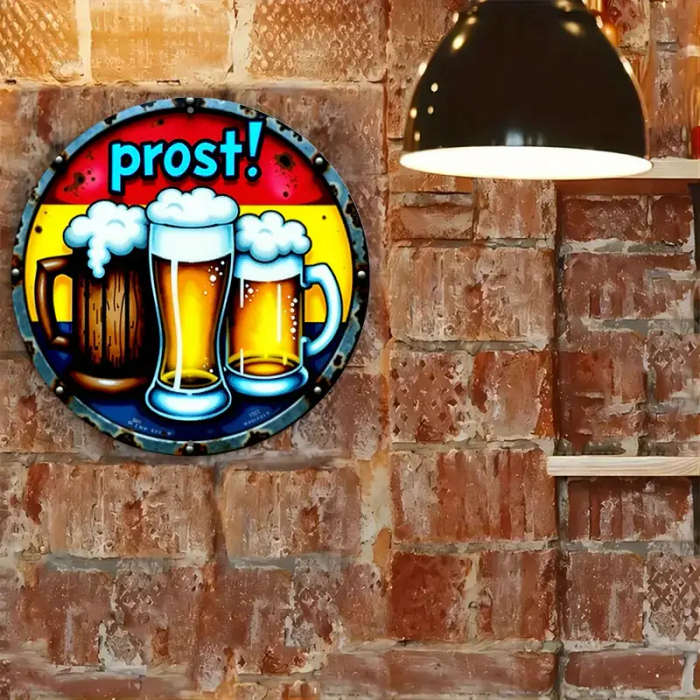 1pc Festive Beer Mug Metal Sign 20.32x20.32cm Round Aluminum Wall Art with Prost Greeting Ideal for
