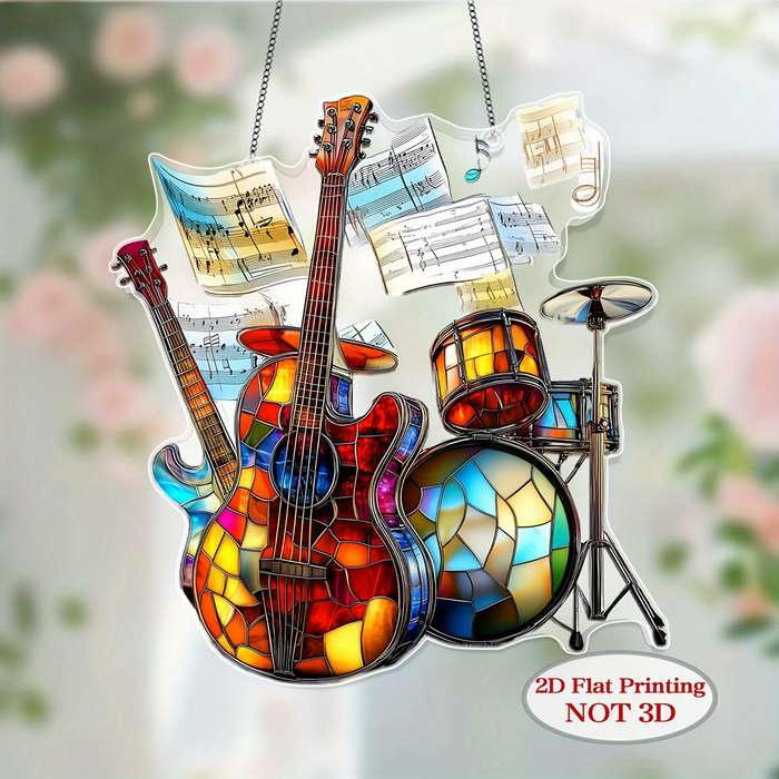1pc 2D Flat  2D Acrylic Flat Colorful Plastic Guitar and Drum Wall Art with 2D Printing Musi