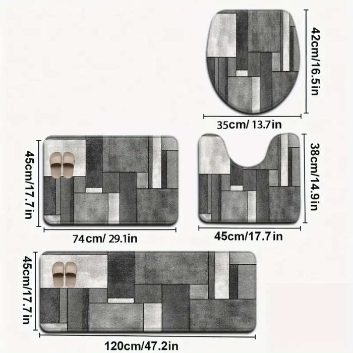 4-Piece Stylish Simple Grey Geometric Pattern Bathroom Mat Set