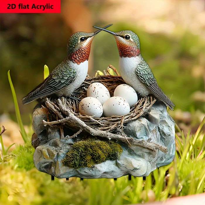 1pc 2D Flat Charming  Acrylic Hummingbird Garden Stake with Lifelike Birds Eggs Rustic Outdoor D