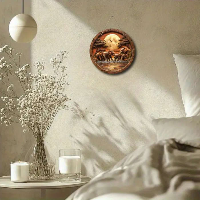 1pc Vintage Elephant Family Wooden Wall Art 20.32x20.32cm Round Decorative Sign with 2D Flat Print A