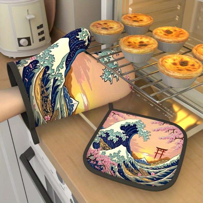 2pcs Set Cherry Blossom Oven Mitts Pot Holders 26.92x17.02cm Heat Resistant Non-Slip Kitch