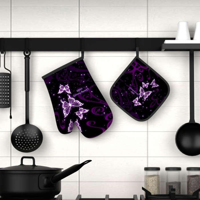 2pcs Purple Dream Butterfly Polyester Oven Mitts Heat Resistant Pot Holders Machine Washable