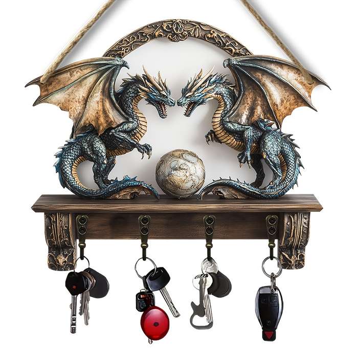 A Piece of Creative Double Dragon Treasure Protection a Minimalist Colorful Wooden Key Holder with