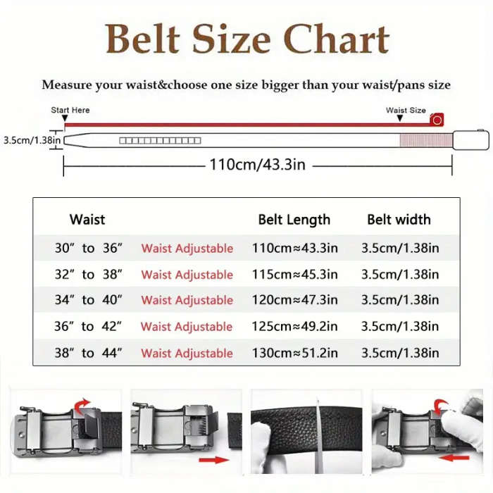 Men's Genuine Leather Ratchet Belt with Adjustable Automatic Buckle Black 120cm