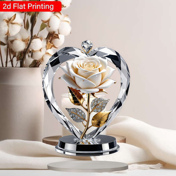 1pc 2D Flat   Acrylic Heart-Shaped White Rose with Golden Leaves Stems Elegant Home Decor for
