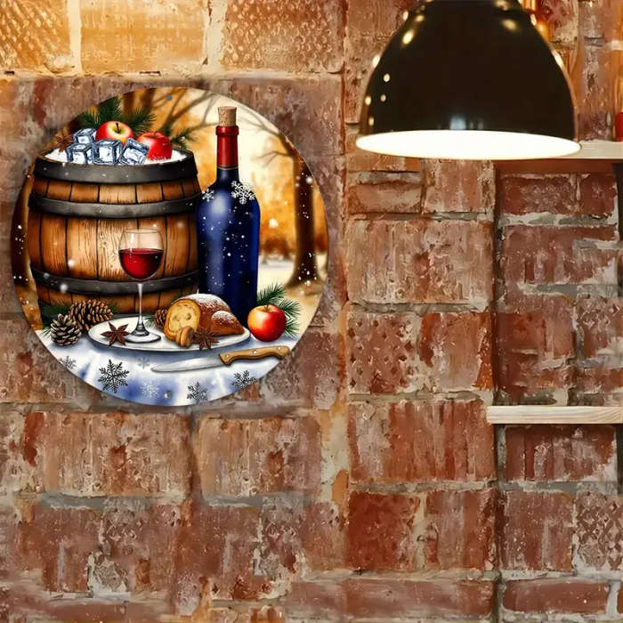 1pc Painting of a Bottle of Wine And a Glass of Wine on Wreath Sign 8-Inch Round Aluminum Sign Perfe