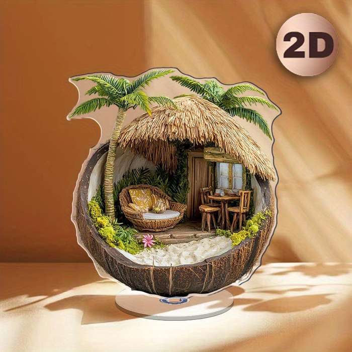 1pc 2D Flat  Tropical Hut in a Coconut Shell Acrylic Desk Decor with Stand  Design Featuring Pa