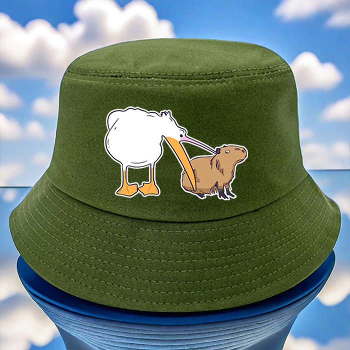 1pc Fun Goose with Big Mouth Eating Small Animals Print Bucket Hat Versatile and Lightweight Avai