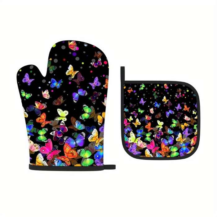 2pcs 26.92x17.02 cm Oven Mitts And Pot Holders Colorful Butterflies Colorful Dots Heat Resistan