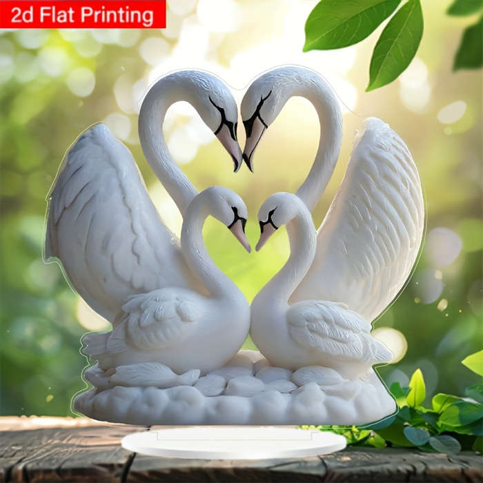 1pc 2D Flat   Acrylic Swan Couple Heart Sculpture Elegant Desktop Decor with Display Stand Rom