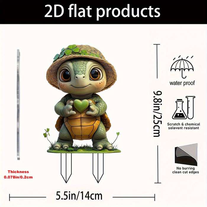 1pc 2D Flat    PrintingCute  Acrylic Turtle Garden Stake with Four Leaf Clover Vivi