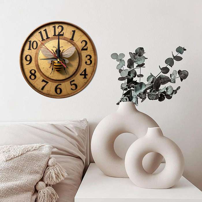 1pc Vintage Bee-Themed Wooden Round Wall Clock Silent Non-Ticking Farmhouse Decor for Kitchen Be