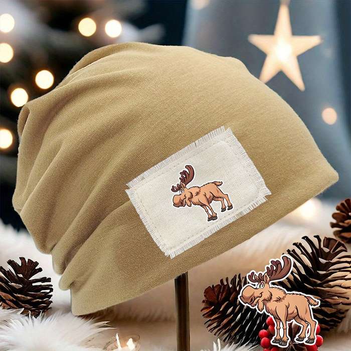 1pc Cozy Moose Print Beanie Hat Unisex Stretch Fit Lightweight Washable Brown with White Pat