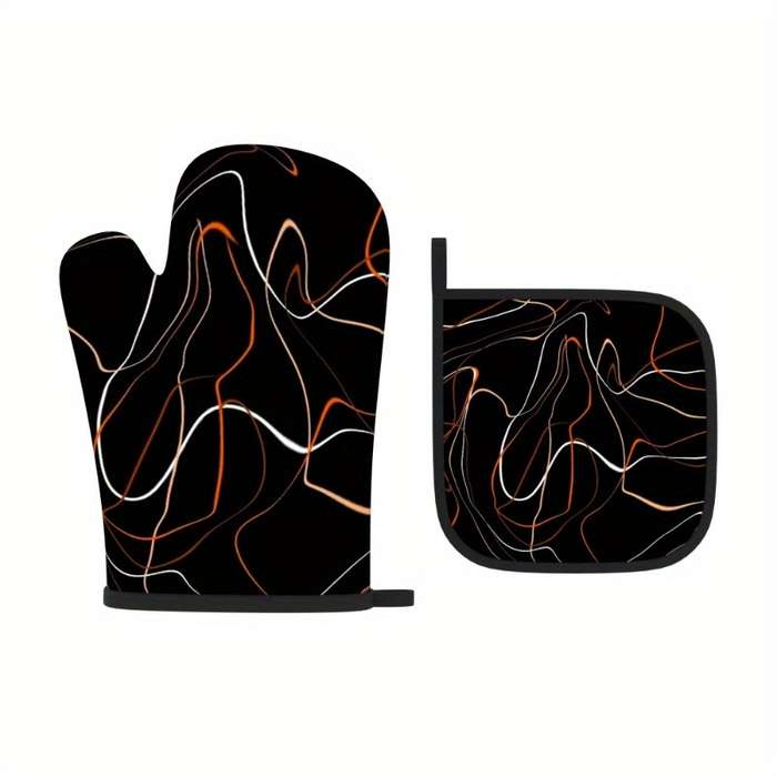 2pcs Oven Mitts 26.92x17.02 cm Heat Resistant Pot Holders with Stylish Black Orange Abstra