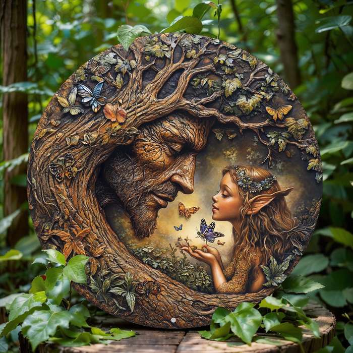 1pc 2D Flat 20.32x20.32cm Round Wooden Wall Art Vintage Tree and Flower Fairy Sign