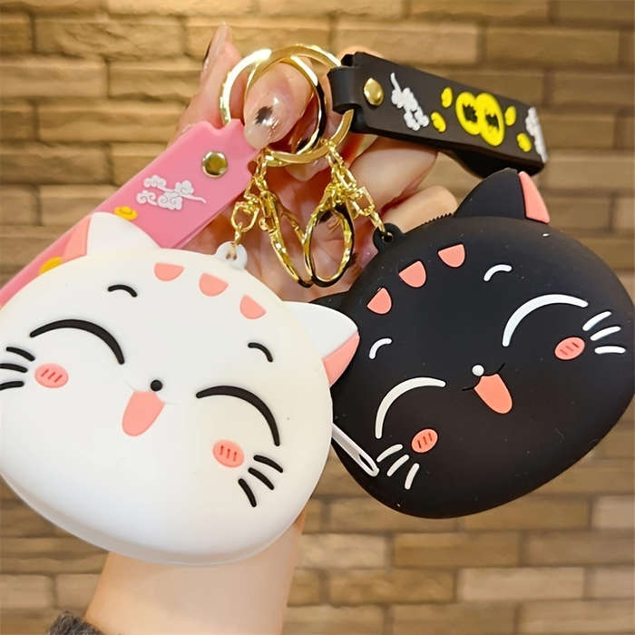 1pc Cute Black Cat Silicone Coin Purse with Keychain C Lightweight Zippered Pouch for Coins Ke