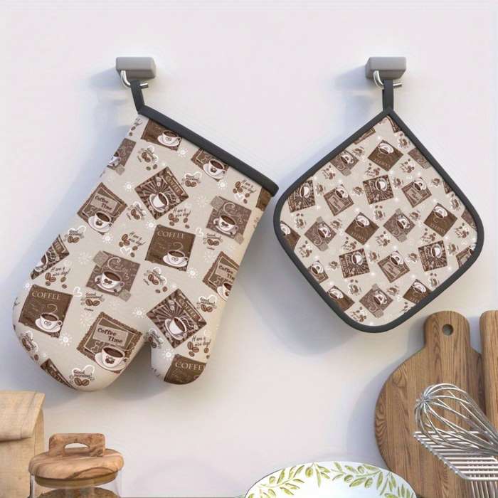 2pcs Coffee Time Oven Mitts Potholders Heat-Resistant Machine Washable Polyester with Fun