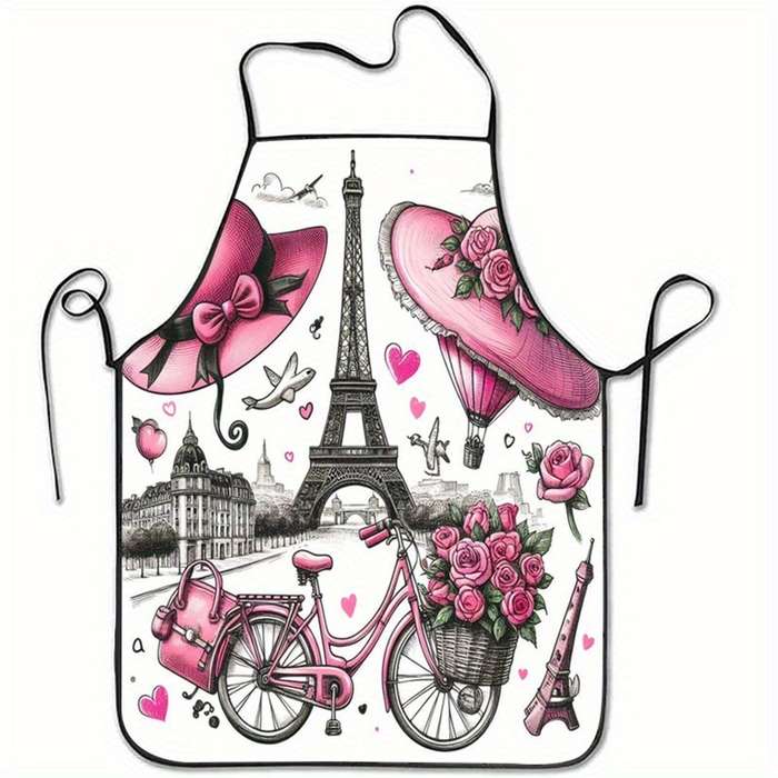 1pc Paris Theme Sleeveless Polyester Apron with Pink Accents Romantic Eiffel Tower Vintage B