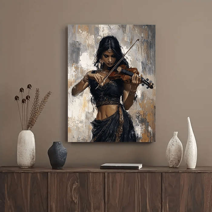 1pc  Graceful Violinist Printed Canvas Wall Art Portrait of a Woman in Black Traditional Attir