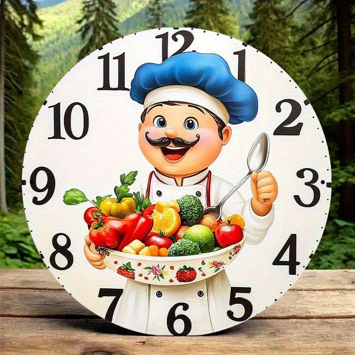 1pc Vintage Kitchen Wall Clock Cartoon Chef and Vegetable Design High-Definition Not real clock