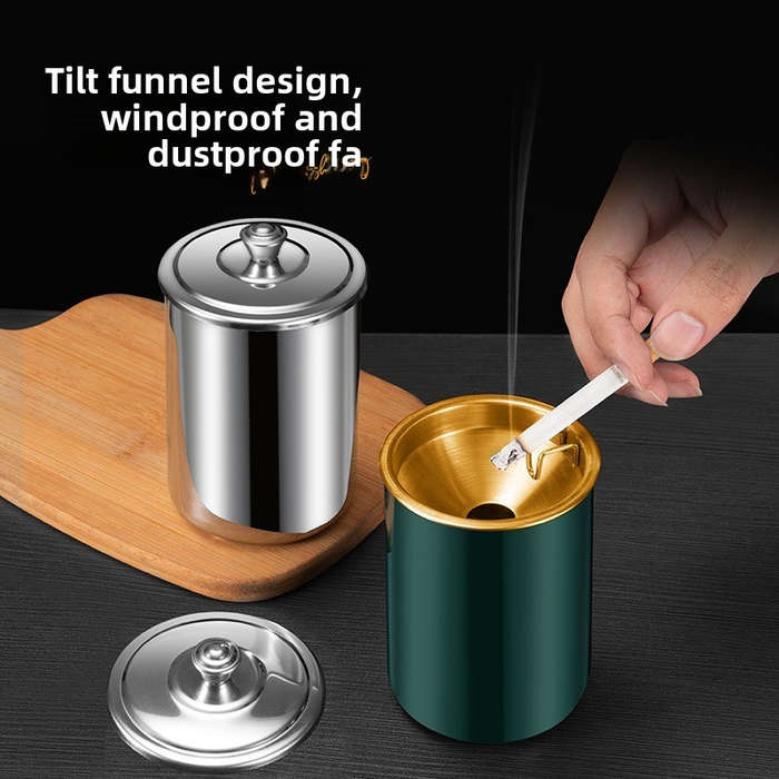 1pc Stainless Steel Home Living Room With Cover Ashtray Hotel Anti-fly Ash Drop-proof And Windproo