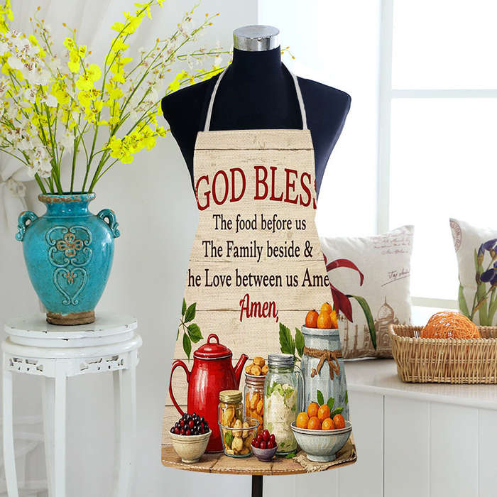 1pc Linen Kitchen Apron with Vintage Food Print "God Bless Our Family" Design Easy-Clean Co