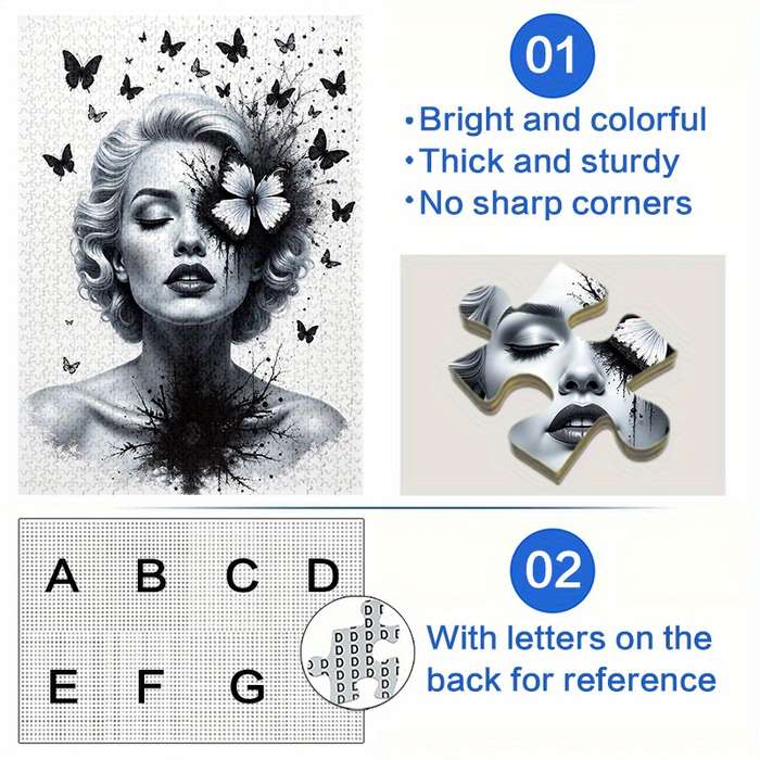 1000pcs Black and White Butterfly Woman Jigsaw Puzzle Large Size Waterproof Paper
