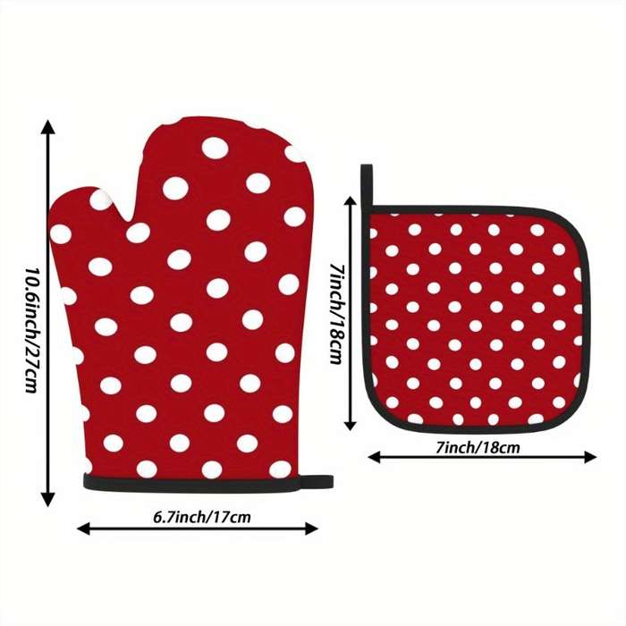 2pcs Chic Red White Polka Dot Oven Mitts 26.92x17.02 cm Heat Resistant Polyester Gloves fo