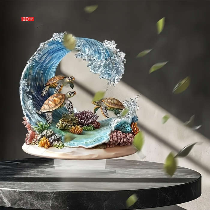 1pc 2D Flat  Bohemian Style Crystal Sea Turtle Wave Decor Plaque Vibrant Oceanic Scene with Color