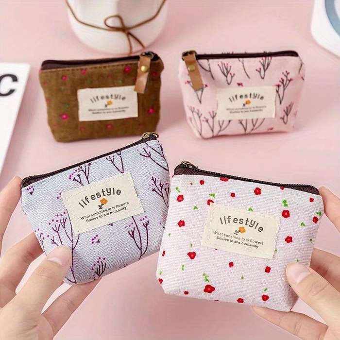 1pc Chic Floral Canvas Coin Purse Key Pouch Compact Zippered Wallet with Earphone Storage Ligh