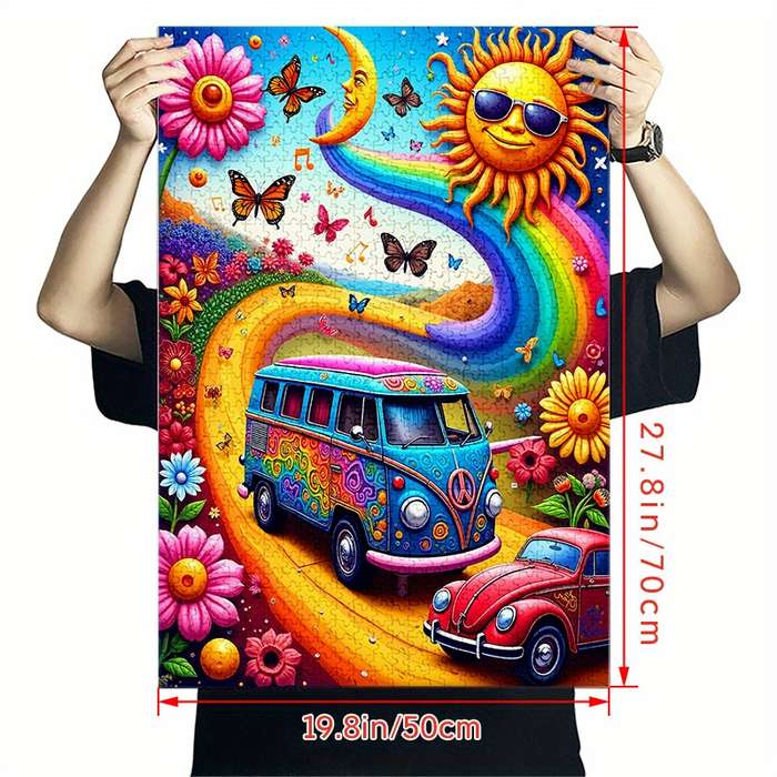 1000pcs Vibrant Rainbow Bus Jigsaw Puzzle Large Colorful Puzzle for Adults Famil