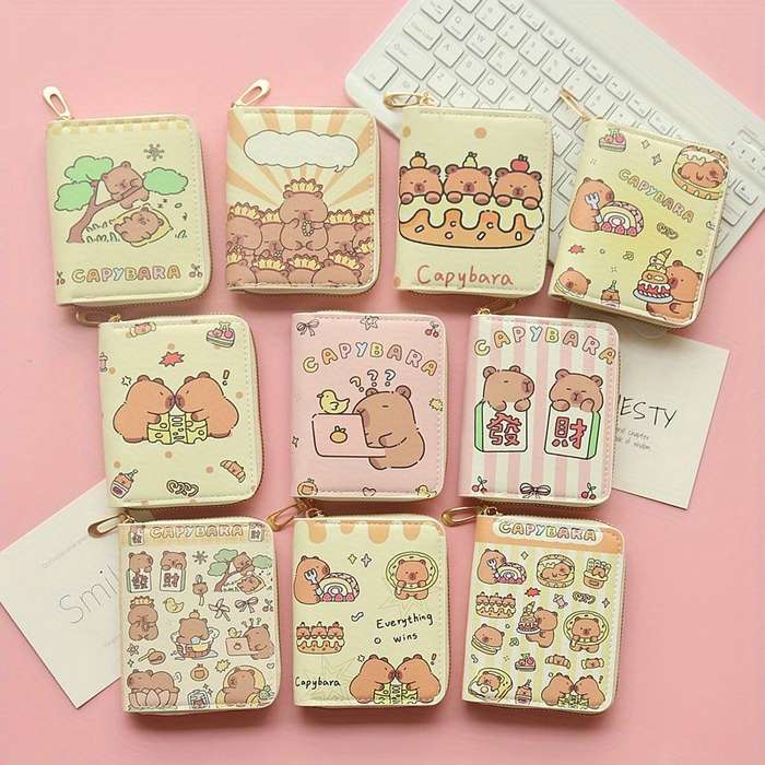1pc Capybara Cartoon Compact Wallet for Women Cute Kawaii Design with ID Window Coin Pocket Hi