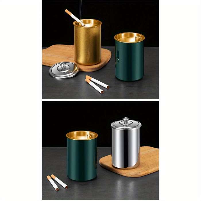 1pc Stainless Steel Home Living Room With Cover Ashtray Hotel Anti-fly Ash Drop-proof And Windproo