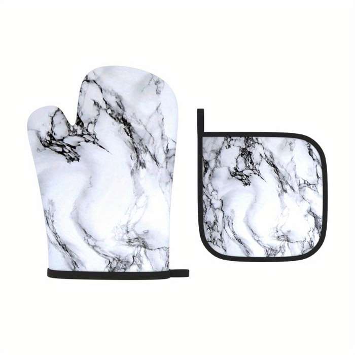 2pcs Marble Pattern Polyester Oven Mitts Heat Resistant Pot Holders Woven Machine Washable