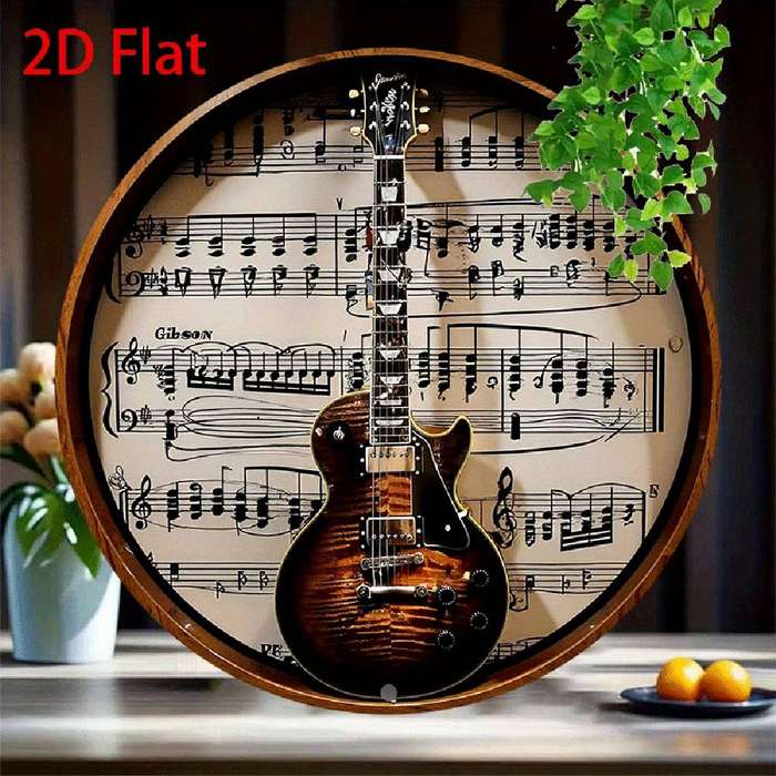 1pc  2D Flat Metal Round Aluminum Tin Sign Gibson Guitar Wall Art Retro Music Decor for Hom