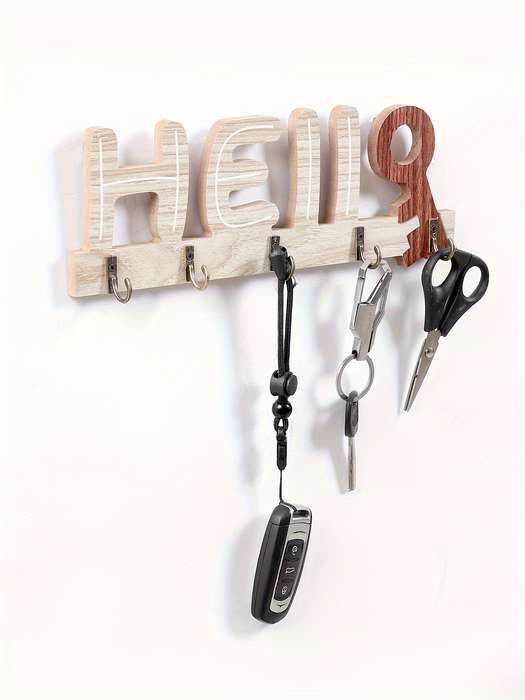 Handcrafted Rustic Wooden Key Holder with "Hello"  "Welcome" DesignWall-Mounted Natural Wood Fi