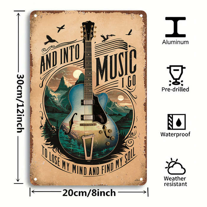 1pc  Vintage Guitar-Themed Aluminum Metal Sign Wall Art And Into Music I Go Lyrics Decorative